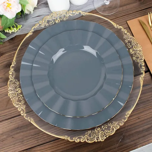 Vista 173 de Tableclothsfactory Paquete de 10 platos redondos de plástico negro de 6 pulgadas para ensalada de postre, platos desechables con borde ondulado