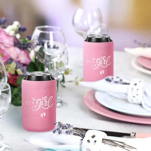 Vista 6 de Mifoci 50 piezas de decoraciones de baby shower, fundas de cerveza rosas para revelación de género, fundas para latas de fiesta para baby shower