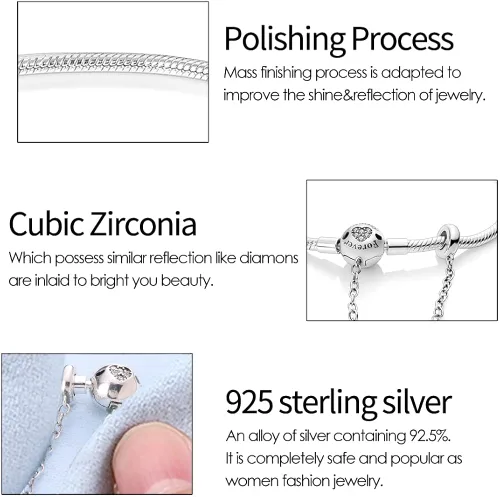 Vista 4 de KUNSIR Pulsera de plata de ley 925 con cierre de palma, cadena de serpiente, pulseras básicas para cualquier dije PDL, para adolescentes y mujeres
