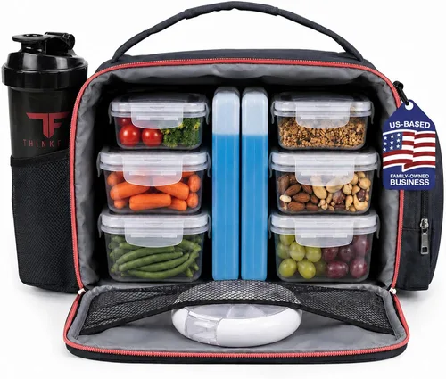Vista 10 de ThinkFit Lonchera térmica para comida preparada con 6 contenedores para porciones de alimentos sin BPA, reutilizables, aptos para microondas y Negro