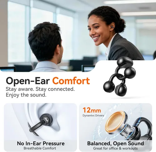 Vista 5 de Kinglucky Auriculares inalámbricos 2 en 1, auriculares intrauditivos y abiertos con clip, ajuste cómodo, auriculares Bluetooth 5.4 con micrófono
