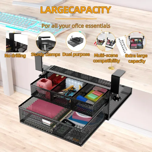 Vista 6 de Organizador de cajones para debajo del escritorio, sin taladrar debajo del escritorio, organizador de cajones de metal para debajo del escritorio