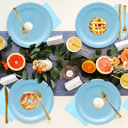 Vista 6 de 50 platos azules para fiestas, platos de papel azules de 7 pulgadas, platos de papel desechables azul claro para fiesta temática de fiesta azul