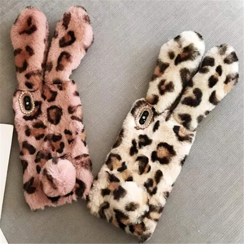 Vista 3 de Funda de piel de conejo de leopardo para iPhone 6 Plus, lujosa, bonita funda de felpa con orejas de conejo en 3D para el invierno (marrón)