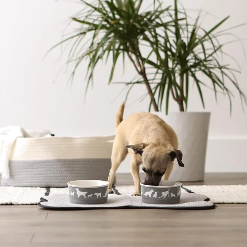 Vista 4 de Bone Dry Dog Show - Cuenco de cerámica para mascotas, pequeño, 4.25 x 2, gris y blanco, 2