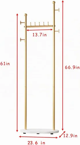 Vista 3 de Perchero de ropa dorado con estantes, perchero dorado independiente con base de mármol, perchero con árbol para sombreros y ropa de pie