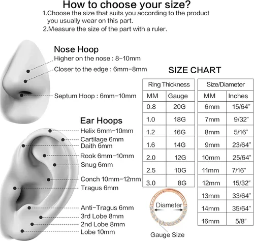 Vista 4 de ZUOPOEKI Aros de nariz para mujeres y hombres, aretes de aro de caracola, plata y oro, 0.66 oz y 0.64 oz de acero quirúrgico, tragus, fosa nasal