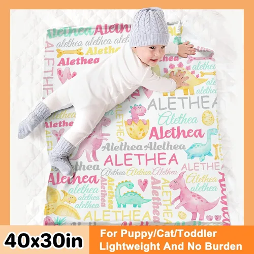 Vista 3 de Manta personalizada con nombre de bebé, dinosaurios, regalo para bebés y niñas, manta de franela suave para recién nacidos, manta cómoda y acogedora