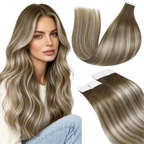 Vista 95 de LaaVoo - Extensiones de cabello humano con cinta adhesiva, color marrón a rubio ceniza, extensiones de cabello humano real, cintas en extensiones