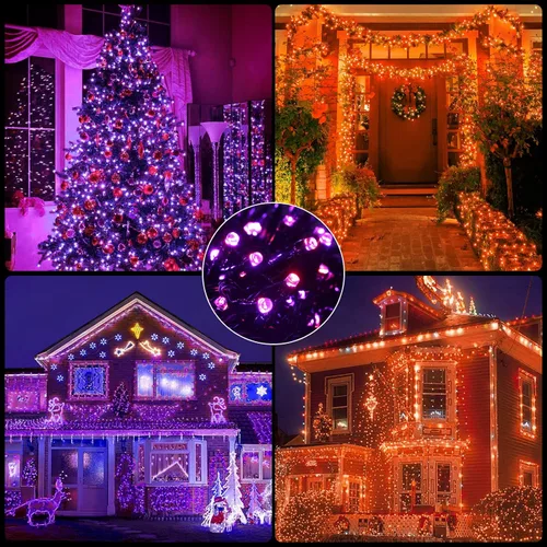 Vista 4 de XTF2015 Guirnalda de luces de Halloween naranja y morada, luz de Halloween de 105 pies, 300 LED que cambian de color, enchufe de extremo a extremo