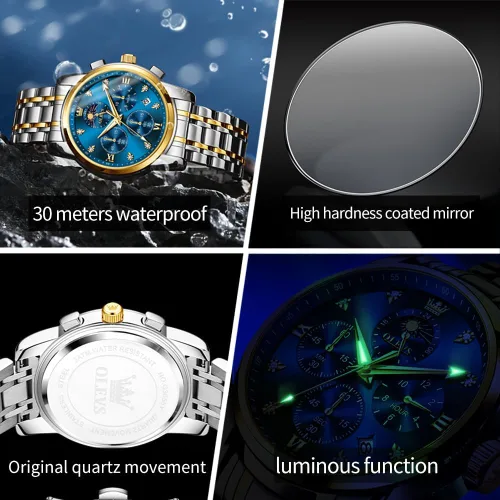 Vista 4 de OLEVS Watch for Men Diamond Business Dress Analog Quartz Stainless Steel Waterproof Luminous Date Two Tone Luxury Casual Wrist Watch Blue