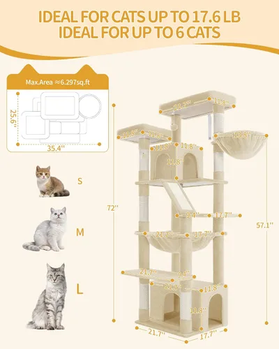 Vista 2 de Hzuaneri Árbol grande para gatos, torre para gatos de interior de 72 pulgadas de alto para 6 gatos grandes, actividad de escalada de esquina
