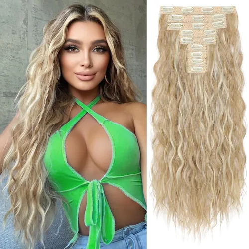 Vista 18 de REECHO Extensiones de cabello con clip, 5 piezas, de 24 pulgadas, de color rubio ceniza, extensiones de cabello con ondas largas y sueltas, HE002