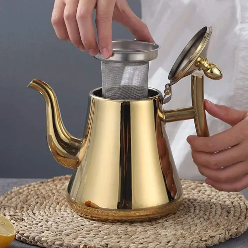 Vista 3 de HOKY Hervidor de agua de acero inoxidable 1L1.5L, tetera más gruesa con filtro, tetera de hotel, cafetera de inducción, hervidor de té dorado