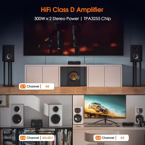 Vista 2 de Douk Audio A5 Amplificador Estéreo de 2 Canales TPA3255, 300 Vatios x2 Mini amplificador de audio de alta fidelidad Clase D para sistema de cine