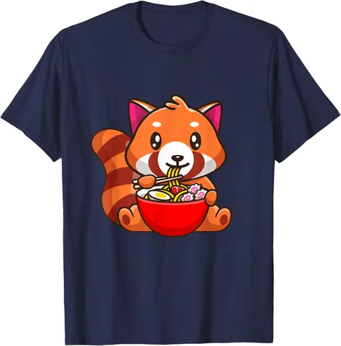 Vista 43 de Camiseta Kawaii Anime Red Panda Eating Ramen Noodles, Negro, S