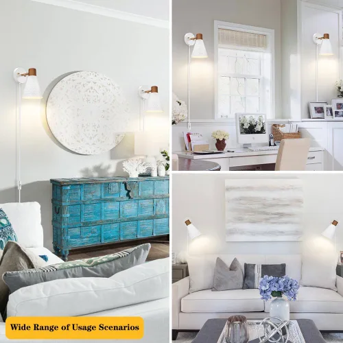 Vista 4 de Juego de 2 apliques de pared blancos enchufables, lámpara de pared moderna con cable de enchufe, aplique de madera con pantalla de metal martillado