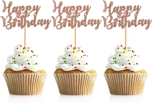 Vista 7 de 48 piezas de decoración para cupcakes de feliz cumpleaños, color negro, con purpurina, suministros de decoración de fiesta de cumpleaños