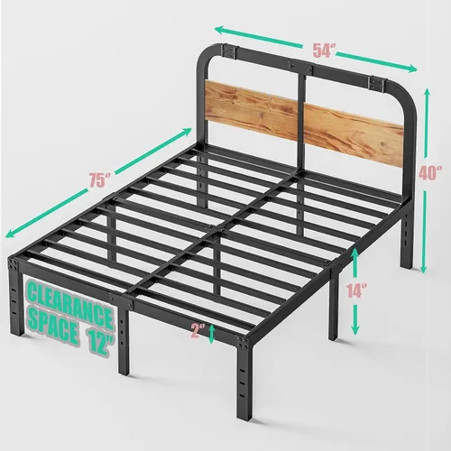 Vista 2 de Base de cama de metal de tamaño matrimonial con cabecera de madera maciza, plataforma de cama de estilo rústico, soporte de listones de acero