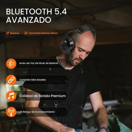 Vista 5 de Bluetooth 5.4 Hearing Protection,NRR 25dB Noise Cancelling Headphone,Rechargeable Safety Earmuffs for Mowing,Working Negro