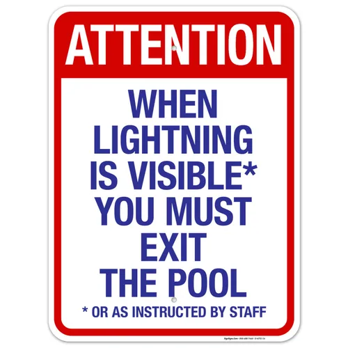 Vista 22 de Letrero con texto en inglés "Attention When Lightning is Visible You Must Exit The Pool - Letrero de piscina, 10 x 14 pulgadas, libre de óxido