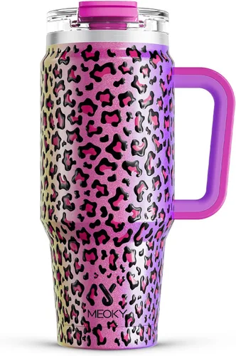Vista 10 de Meoky Vaso de 40 onzas con asa y pajita, vaso aislado con tapa y popote, taza de viaje de acero inoxidable, mantiene el frío durante 34 horas, 100%
