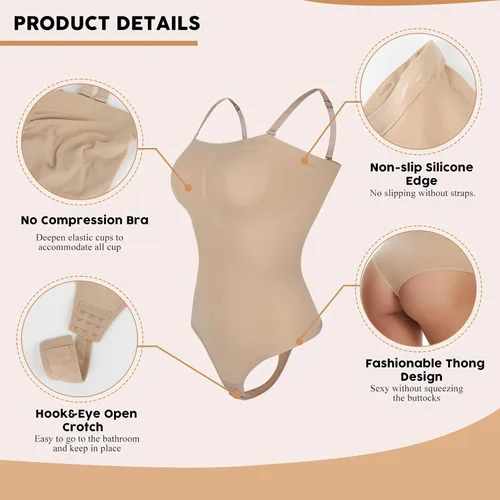 Vista 4 de JOYSHAPER Body sexy sin tirantes para mujer, con hombros descubiertos, sin costuras, camiseta sin mangas, leotardo de una pieza