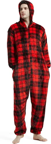 Vista 2 de GARRULO Pijamas de Navidad para la familia, conjunto de pijama de una pieza de franela a cuadros a juego para parejas, tallas grandes, pijamas