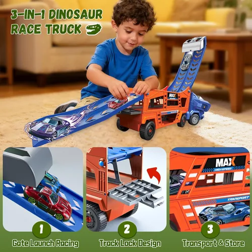 Vista 3 de Juguetes de Camión de Dinosaurios para Niños de 3-5 - Camión Transportador con 6 Autos de Juguete Fundidos a Presión, Camión 3 en 1 con 2 Pistas