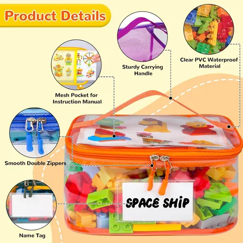 Vista 2 de Paquete de 6 bolsas de almacenamiento transparentes para juguetes, con bolsillo manual para etiqueta de nombre, funda organizadora de juguetes