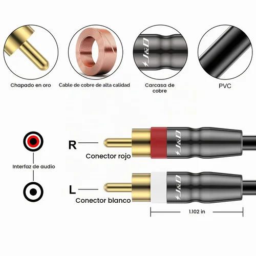 Vista 2 de J&D Cable RCA, 2 RCA macho a macho, carcasa de cobre chapada en oro, resistente, compatible con altavoz, amplificador, subwoofer, 3 pies