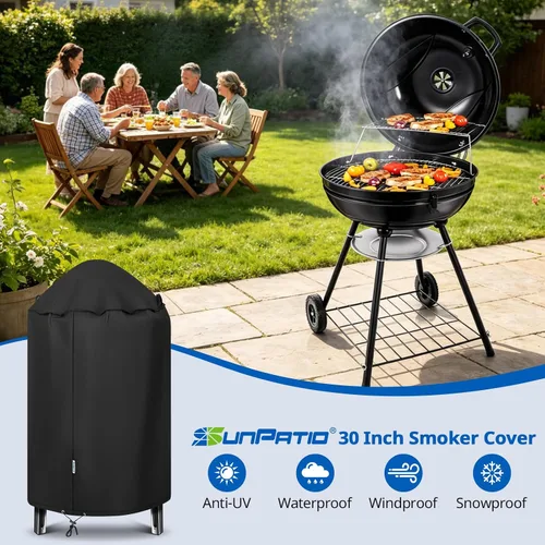 Vista 13 de SunPatio Cubierta redonda para ahumador de 30 pulgadas, resistente e impermeable, para parrilla Weber, Charbroil, Char-Griller Kamado y más