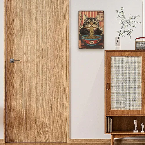 Vista 5 de SUPERDANT Cartel de metal retro con diseño de gato que come fideos, letrero decorativo de dibujos animados para el hogar, sala de estar, dormitorio