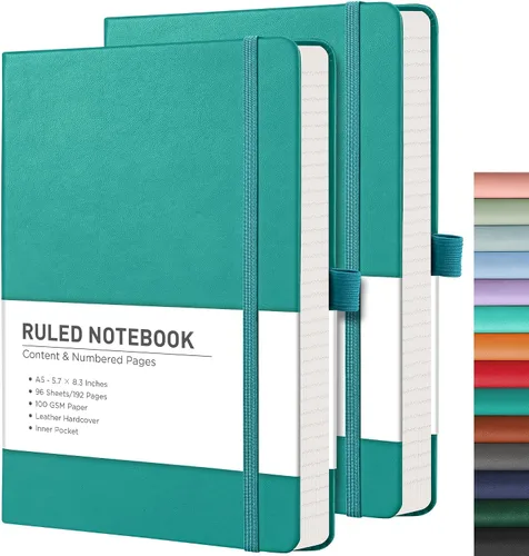 Vista 45 de RETTACY Lined Journal Notebook, 192 Numbered Pages per Pack, 5.7'' x 8.3'' 2-Pack, Leather Hardcover, 100 GSM Thick Paper, for Men & Women, Negro