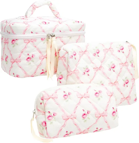 Vista 21 de PAZIMIIK - Bolsa de maquillaje de algodón para mujer, grande, acolchada para viaje, Rosa (Bow Pink), Vintage