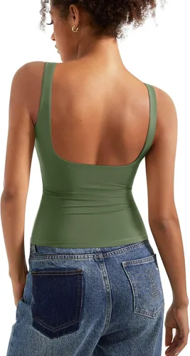 Vista 14 de SUUKSESS Camisetas sin mangas con respaldo abierto y cuello barco acolchado para mujer, con doble forro, camisas básicas Negro (Black Polka Dots)