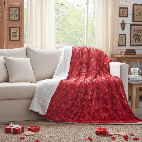 Vista 5 de DaDa Bedding Manta de Tiro Romántica de Piel Sintética Roja para San Valentín - Corazones Encantadores Mullidos Felpa Sherpa en el Reverso con Forro