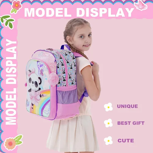 Vista 6 de Mochilas para niñas y niños, mochila escolar bonita para la escuela, mochila escolar ligera con lonchera, rosado (Pink Panda), Mochila