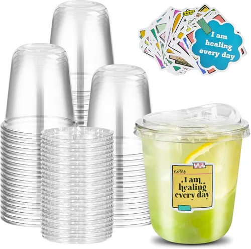 Vista 8 de 50 juegos de vasos de plástico transparente con tapas para sorber sin pajilla, vasos desechables de fondo redondo de 12 onzas para café helado
