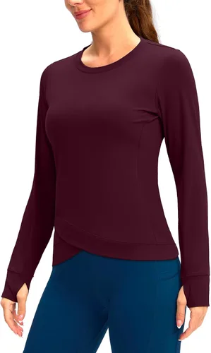 Vista 3 de SANTINY Camiseta de compresión atlética de manga larga para mujer, con dobladillo cruzado, para correr, gimnasio, yoga, con agujero para el pulgar