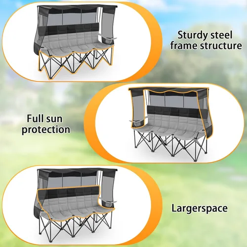 Vista 6 de Teenyyou Silla de camping para 3 personas con toldo – Silla de playa de gran tamaño con protección solar UV, sofá biplaza plegable resistente de 700