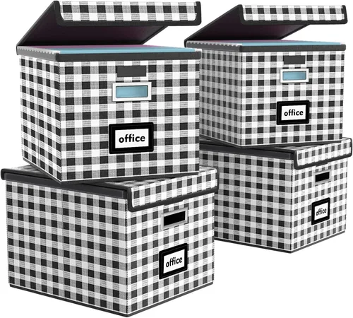 Vista 26 de Caja organizadora de archivos Huolewa con tapa, caja organizadora de carpetas de archivos colgantes de cuero sintético plegable con deslizadores
