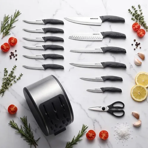 Vista 2 de Juego de cuchillos, 12 cuchillos de cocina de acero inoxidable con tijeras, color negro Dishwasher Safe Cutlery Set Includes 6 Chef Knives, 6