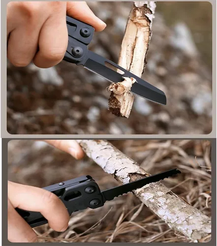 Vista 2 de 10 en 1 Llave multiherramienta Alicates Cuchillo plegable Regla EDC de acero inoxidable con puntas para supervivencia (negro)