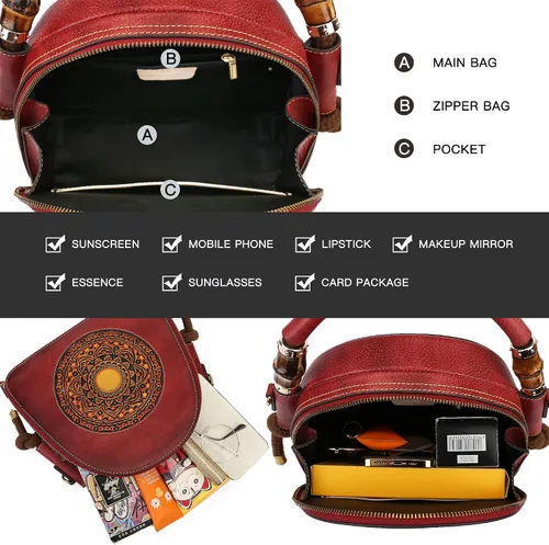 Vista 5 de Bolsos de bolsillo de cuero genuino Zhuoliang para mujer, bolso satchel con asa superior organizador retro, bolso totem de cuero para señoras