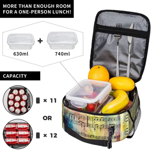 Vista 4 de Bolsa de almuerzo impresa con nota musical vintage con bolsillo lateral, bolsa suave aislada, bolsa térmica para picnic de trabajo