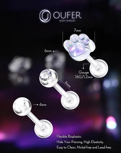 Vista 5 de OUFER 3 piezas de retenedores de piercing transparentes para cirugía, retenedor de joyería de piercing helix bioflex, joyería de piercing