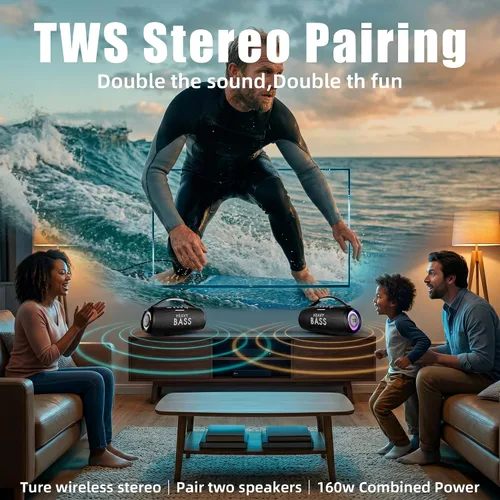 Vista 7 de Altavoces Bluetooth inalámbricos, altavoz portátil de 80 W máximo con graves profundos, tiempo de reproducción de 20 horas, IPX6 impermeable, doble