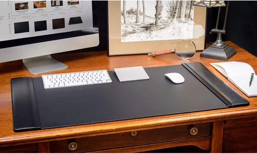 Vista 2 de DACASSO Tapete clásico de cuero para escritorio con rieles laterales - Secante de escritorio de cuero de lujo para escribir - Protector acolchado