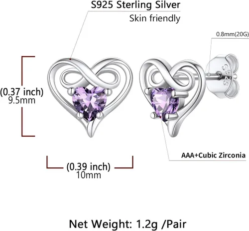 Vista 5 de SILVERCUTE Aretes de corazón infinito con piedra natal para mujer, plata de ley 925, joyería de moda, regalo de San Valentín, aniversario